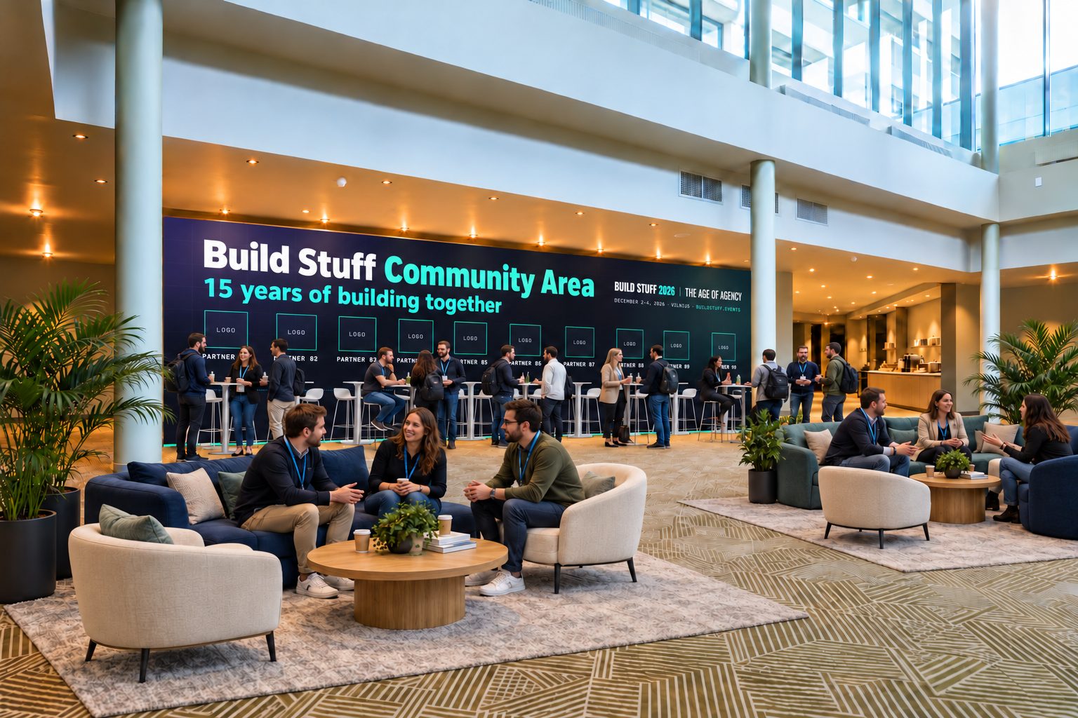 The Build Stuff Community Area: a partner wall with high tables and lounge seating in the main foyer